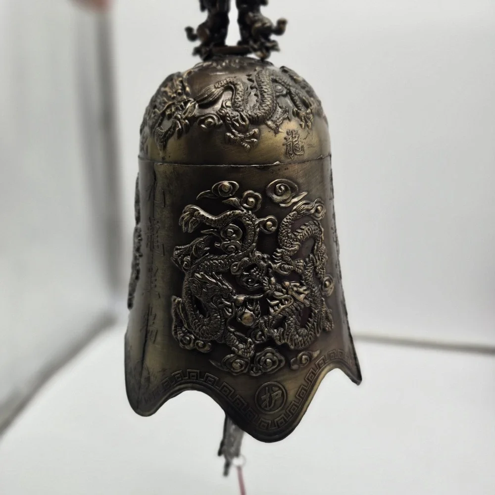 Vintage Chinese‎ Brass Bell with Dragon & Foo Dog Motif For Luck & Wealth
